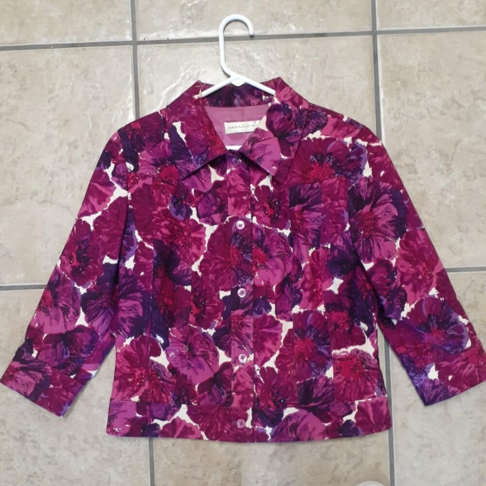 Purple/Pink Floral Jean Jacket Dana Buchman 3/4 Sleeves Button Blazer